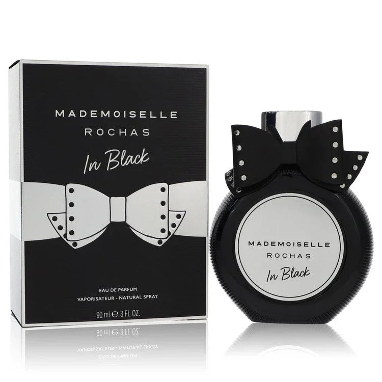Mademoiselle Rochas In Black perfume bottle and packaging on a white background