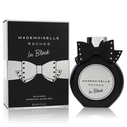 Mademoiselle Rochas In Black perfume bottle and packaging on a white background