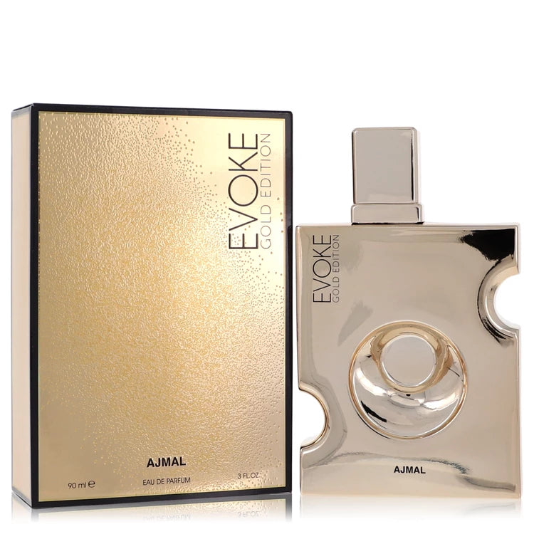 Evoke Gold Edition Ajmal perfume bottle and packaging on a white background