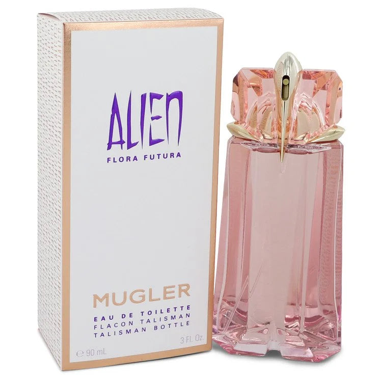 Mugler Alien Flora Futura perfume bottle and packaging on a white background