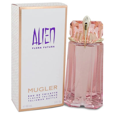 Mugler Alien Flora Futura perfume bottle and packaging on a white background