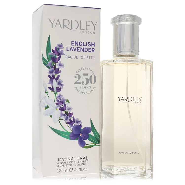 Yardley London English Lavender Perfume signature luxury heritage glass flacon displaying its premium fluid contents, historic typographic brand framing lines, and elegant capping elements against a clean backdrop