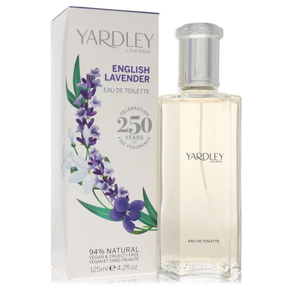 Yardley London English Lavender Perfume signature luxury heritage glass flacon displaying its premium fluid contents, historic typographic brand framing lines, and elegant capping elements against a clean backdrop