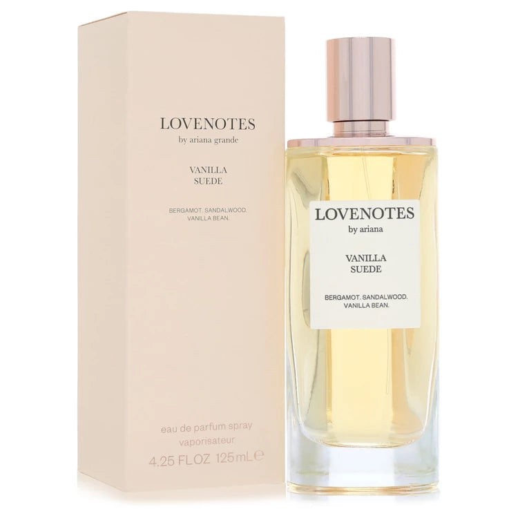 Ariana Grande LOVENOTES Vanilla Suede Eau de Parfum bottle — cozy woody musk women's perfume with Italian bergamot, creamy sandalwood, rice milk, vanilla beans, and liquid musks.