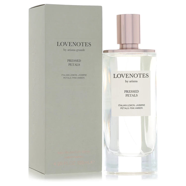 Ariana Grande LOVENOTES Pressed Petals Eau de Parfum bottle — romantic floral amber women's perfume with bergamot, Italian lemon, violet leaf, raspberry, jasmine petals, sandalwood, pink amber, and marshmallow notes.