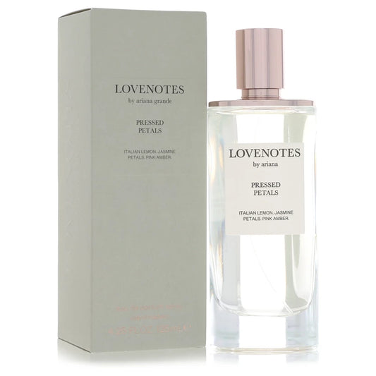 Ariana Grande LOVENOTES Pressed Petals Eau de Parfum bottle — romantic floral amber women's perfume with bergamot, Italian lemon, violet leaf, raspberry, jasmine petals, sandalwood, pink amber, and marshmallow notes.