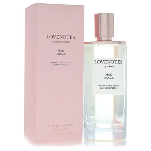 LOVENOTES by Ariana Grande Pink Woods perfume bottle and packaging on a white background