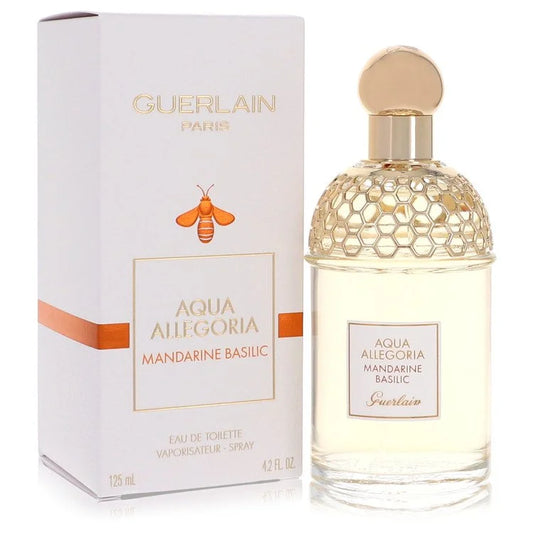 Guerlain Aqua Allegoria Mandarine Basilic perfume bottle and packaging on a white background