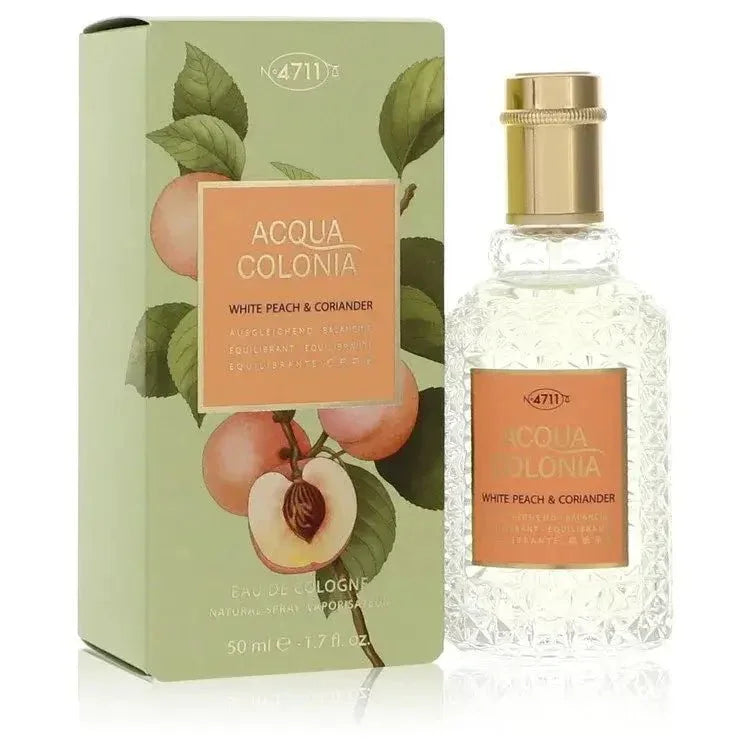 4711 Acqua Colonia White Peach & Coriander Cologne bottle — refreshing fruity spicy unisex fragrance with white peach, coriander, and woody notes.