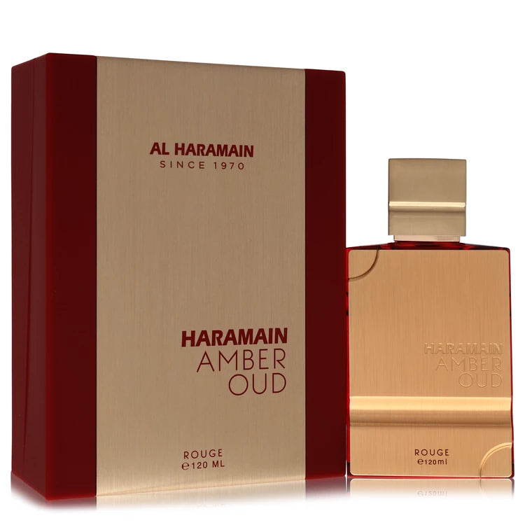 Al Haramain Amber Oud Rouge Eau de Parfum bottle and box in red and gold packaging 