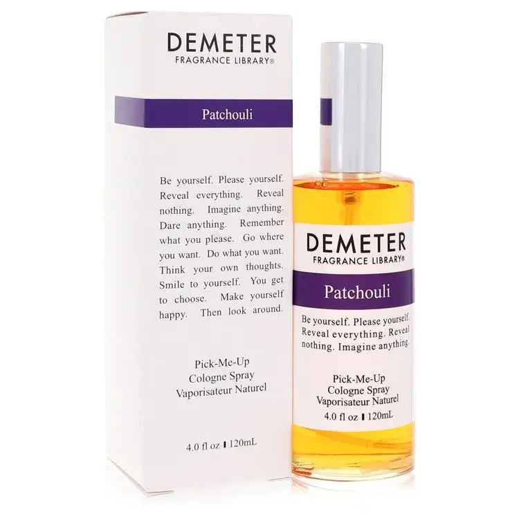 Demeter Patchouli perfume bottle with box, 4 oz cologne spray featuring vibrant orange liquid and elegant packaging.