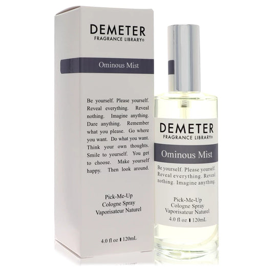 Demeter Fragrance Library Ominous Mist cologne spray bottle and packaging on a white background