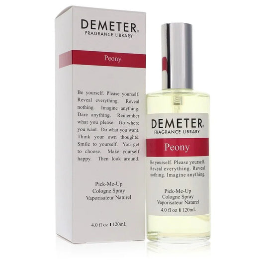 Demeter Peony Perfume signature luxury clean rectangular architectural glass column flacon showcasing its transparent fluid boundaries, styled with a minimalist white typographic label, and topped with a sleek polished silver metal capping architecture detail against a solid background
