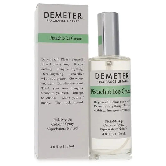 Demeter Pistachio Ice Cream perfume bottle and box, featuring a unique blend of exotic aromas and citrus undertones.