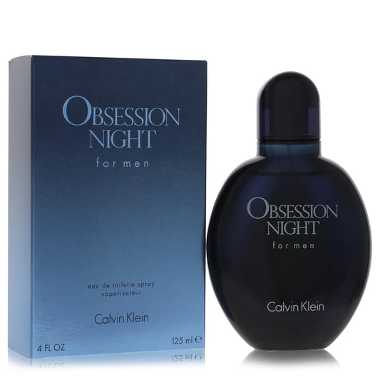 Calvin Klein Obsession Night perfume bottle and packaging on a white background