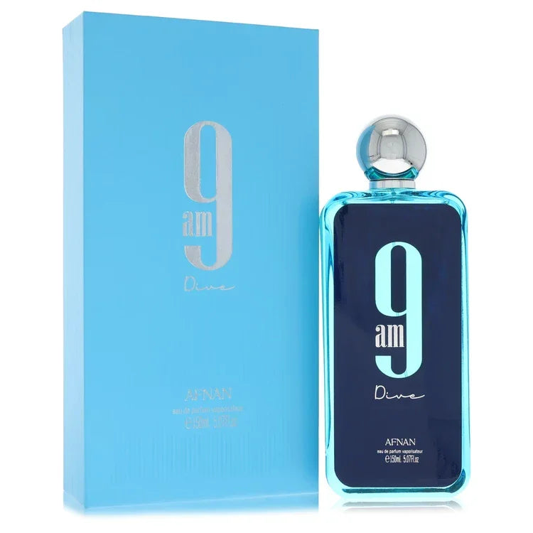 Afnan 9am Dive cologne bottle for men and women — Fresh aromatic aquatic fragrance with mint, lemon, black currant, pink pepper, apple, incense, cedar, ginger, patchouli, sandalwood, and jasmine notes