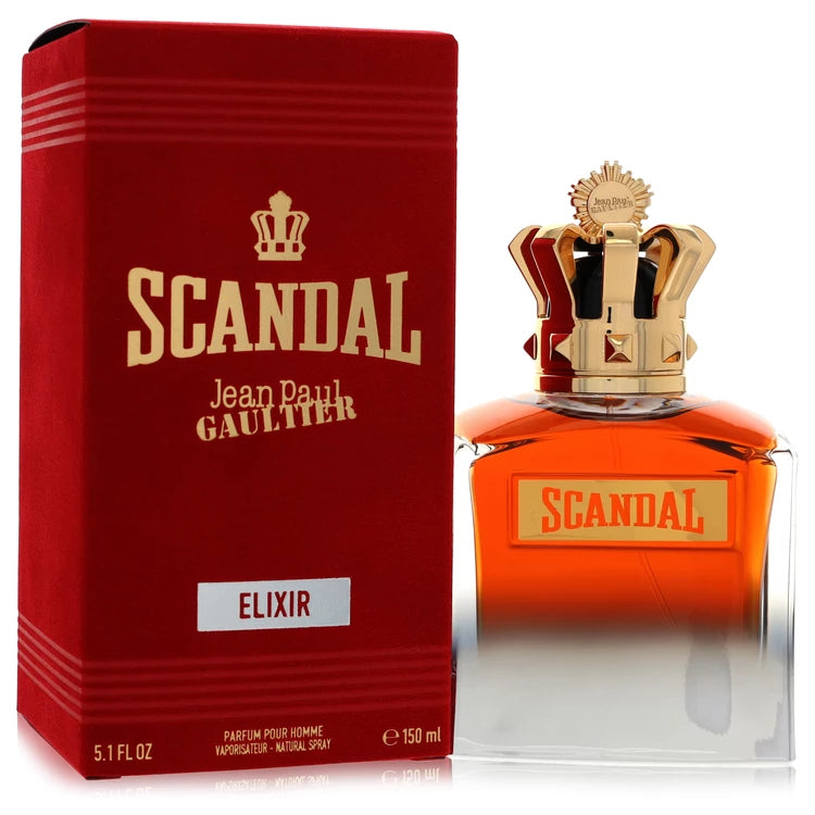 5.1 oz Jean Paul Gaultier Scandal Pour Homme Elixir bottle - silver crown flacon with amber base featuring black cherry, patchouli, and tonka bean