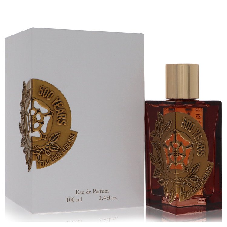 500 Years Perfume by Etat Libre d'Orange bottle — woody floral unisex fragrance with bergamot, saffron, Turkish rose, cacao, oud, amber woods, patchouli, and suede.
