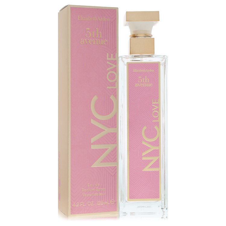 Pink and gold NYC 5th Avenue perfume bottle and packaging on a white background
