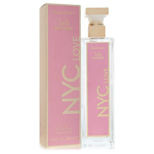 Pink and gold NYC 5th Avenue perfume bottle and packaging on a white background