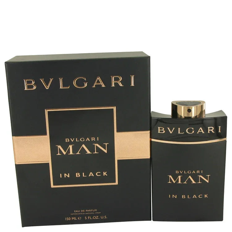 Bulgari Man in Black perfume bottle and packaging on a white background
