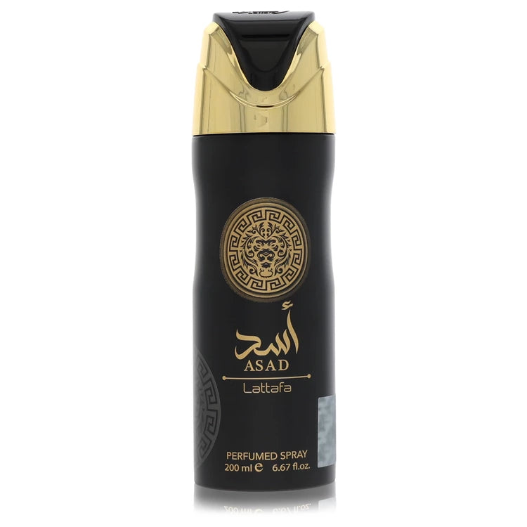 Lattafa Asad Eau de Parfum signature luxury heavy black architectural flacon wrapped inside ornate high-contrast gold-toned metallic branches and banding layout, capped with a uniform uniform matching closure detail against a solid backdrop