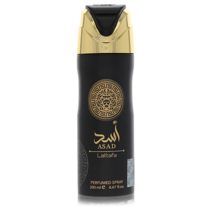 Lattafa Asad Eau de Parfum signature luxury heavy black architectural flacon wrapped inside ornate high-contrast gold-toned metallic branches and banding layout, capped with a uniform uniform matching closure detail against a solid backdrop