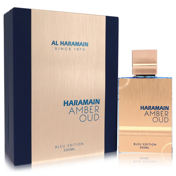 Al Haramain Amber Oud Bleu Edition perfume bottle and packaging on a white background
