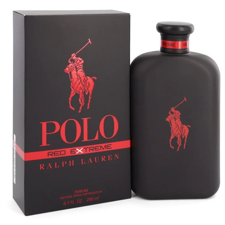 Ralph Lauren Polo Red Extreme Cologne signature luxury matte black flacon showcasing its premium raised crimson pony iconography lines paired with a solid clean background