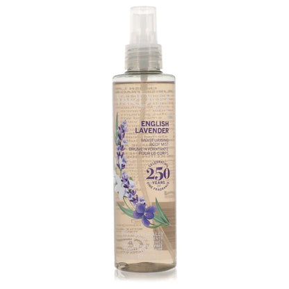 Yardley London English Lavender Perfume signature luxury heritage glass flacon displaying its premium fluid contents, historic typographic brand framing lines, and elegant capping elements against a clean backdrop