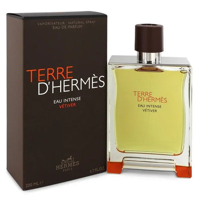 Hermes Terre d'Hermes Eau Intense Vetiver Cologne amber flacon bottle — luxury woody smoky masculine fragrance with grapefruit, pink pepper, and vetiver notes