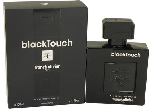 Franck Olivier Black Touch Eau de Toilette bottle - Men's woody spicy fragrance with grapefruit, bergamot, cardamom, spices, geranium, orange blossom, vetiver, Virginia cedar, and patchouli