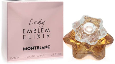 Montblanc Lady Emblem Elixir Eau de Parfum bottle with litchi, Damask rose, iris, orange blossom, sandalwood, vanilla and patchouli