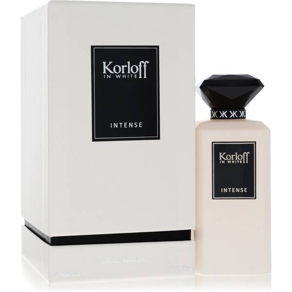 Korloff In White Intense Eau de Parfum bottle - Men's woody aromatic fragrance with bergamot, cardamom, violet leaves, green apple, lavender, clary sage, praline, patchouli, and cedarwood