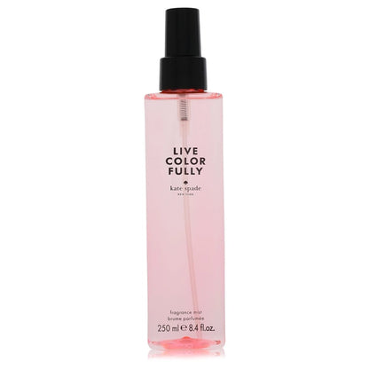 Pink bottle of 'Live Color Fully' fragrance mist by Kate Spade on a white background