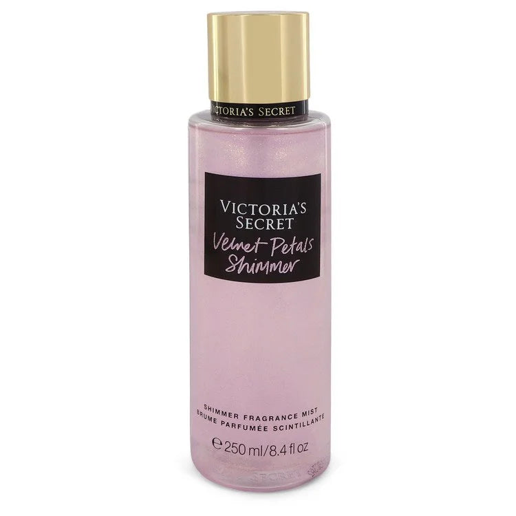 Victoria's Secret Velvet Petals Shimmer fragrance mist bottle on a white background