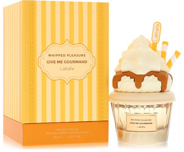 Lattafa Give Me Gourmand Whipped Pleasure Perfume bottle with caramel popcorn, salted caramel, jasmine, milk, tonka bean, benzoin and musk
