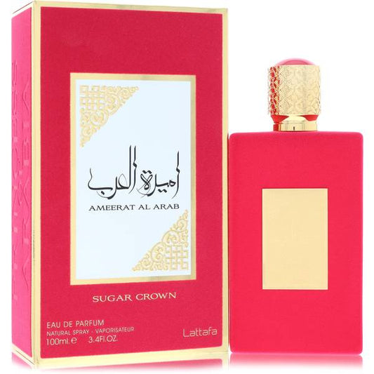 Asdaaf Sugar Crown Eau de Parfum bottle - Floral fruity gourmand fragrance with fruity notes, spices, vanilla, caramel, gourmand accords, amber, musk, and woody base