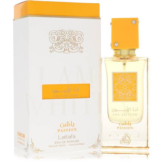 Lattafa Ana Abiyedh I Am White Passion Eau de Parfum bottle - Floral creamy gourmand fragrance with citrus, bergamot, green notes, tuberose, jasmine, vanilla, amber, sandalwood, and musk