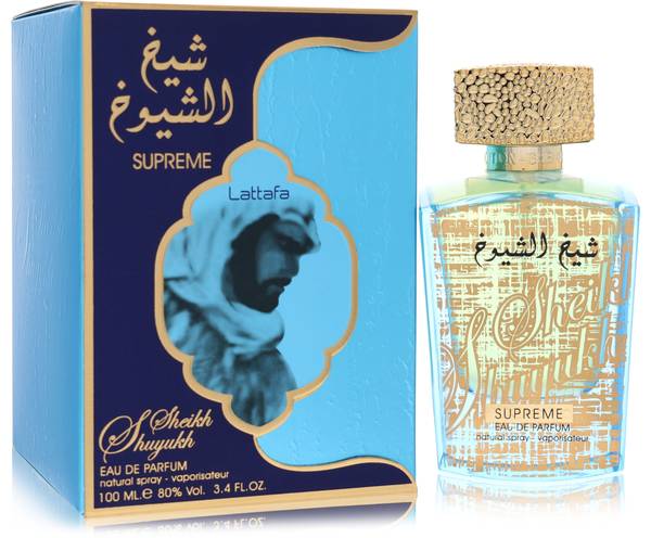 Lattafa Sheikh Al Shuyukh Supreme Perfume bottle with cinnamon, saffron, rose, caramel, patchouli, vanilla, amber and woods
