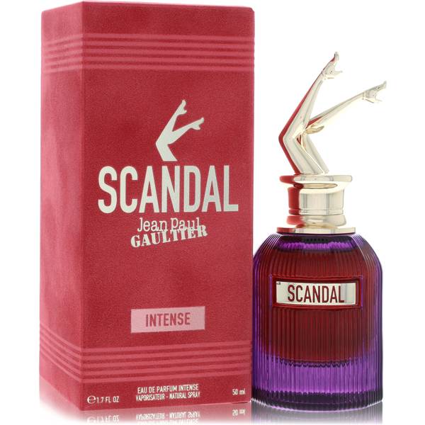 Jean Paul Gaultier Scandal Intense bottle - purple ribbed glass bottle topped with golden legs featuring cardamom, ylang-ylang, and vanilla absolute