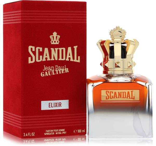 Jean Paul Gaultier Scandal Pour Homme Elixir bottle - silver crown flacon with amber base featuring black cherry, patchouli, and tonka bean