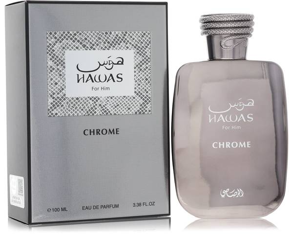 Rasasi Hawas Chrome bottle - tropical fruity amber fragrance with peach, sweet orange, mango, passion fruit, and warm amber