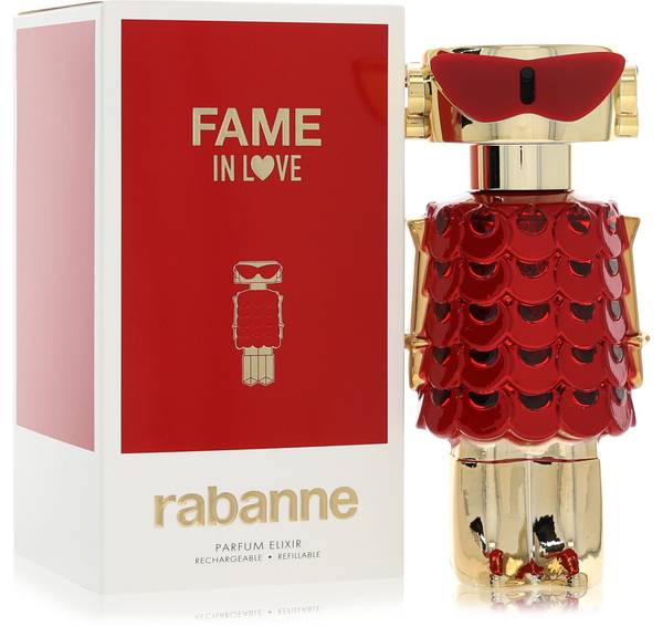 Rabanne Fame In Love Parfum Elixir bottle with strawberry extract, iris concrete, jasmine, incense, vanilla, patchouli and mineral notes