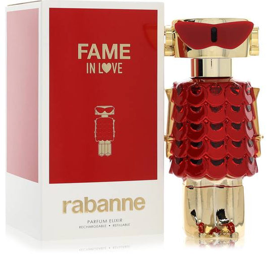 Rabanne Fame In Love Parfum Elixir bottle with strawberry extract, iris concrete, jasmine, incense, vanilla, patchouli and mineral notes