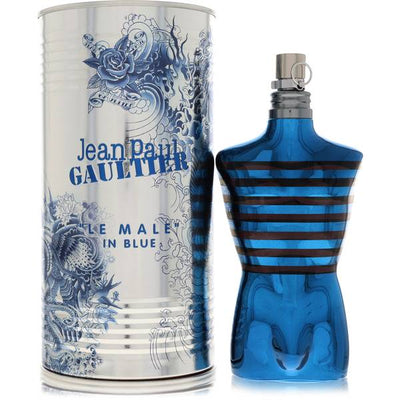 Jean Paul Gaultier Le Male In Blue metallic-blue torso bottle with lavender, anise and benzoin fragrance notes
