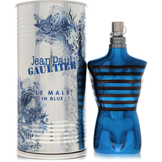 Jean Paul Gaultier Le Male In Blue metallic-blue torso bottle with lavender, anise and benzoin fragrance notes
