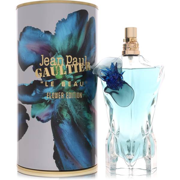 Jean Paul Gaultier Le Beau Flower Edition bottle - sculpted male torso bottle with shoulder flower featuring kumquat, lemon, violet leaf, cashmeran, and tonka bean