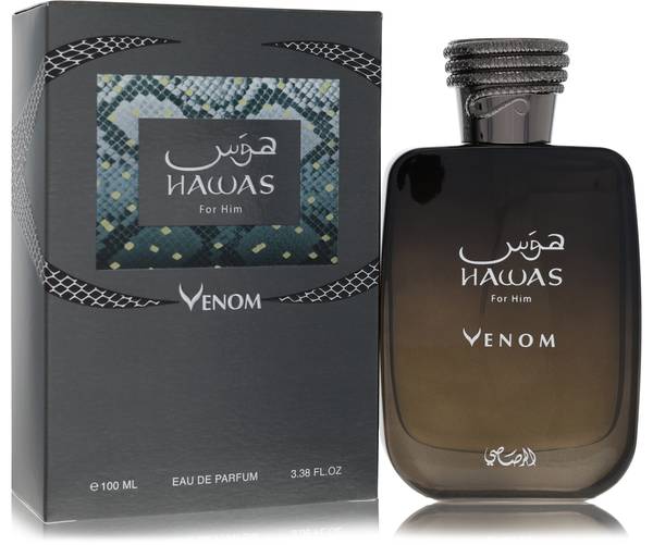 Rasasi Hawas Venom Eau de Parfum for Men bottle - Men's spicy woody aromatic fragrance with black pepper, spice, herbs, woody notes, smoke, aromatic accords, amber, and musk
