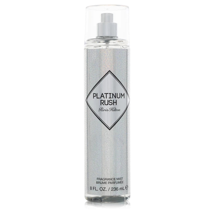 Platinum Rush perfume bottle and packaging with a woman on a white background